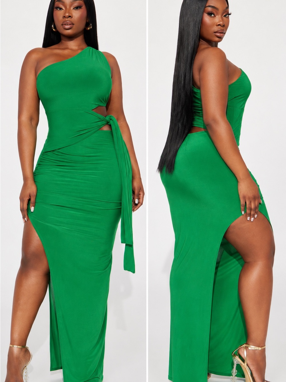 Fashion Nova One-Shoulder Emerald Green Cutout Maxi Dress with Side Tie